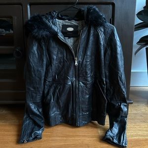 Black Leather Massimo Dutti Zip Jacket with Faux Fur Lined Hood